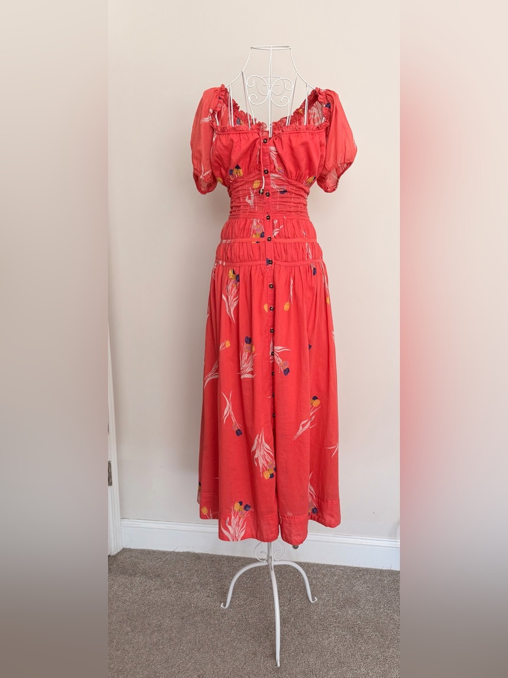 Free People Coral Floral Button-Front Midi Dress - Picture 5 of 9
